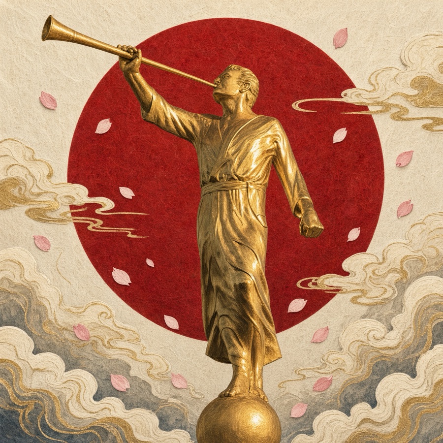 The angel Moroni sounding a trumpet against a red sun, in the style of a Japanese woodblock print